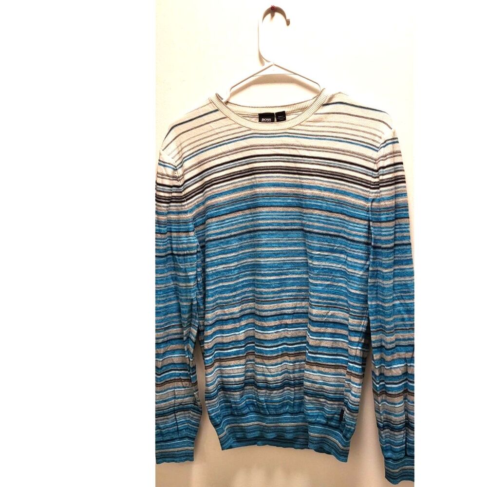 Hugo Boss Men's Sweater Blue/White Stripes Size Large